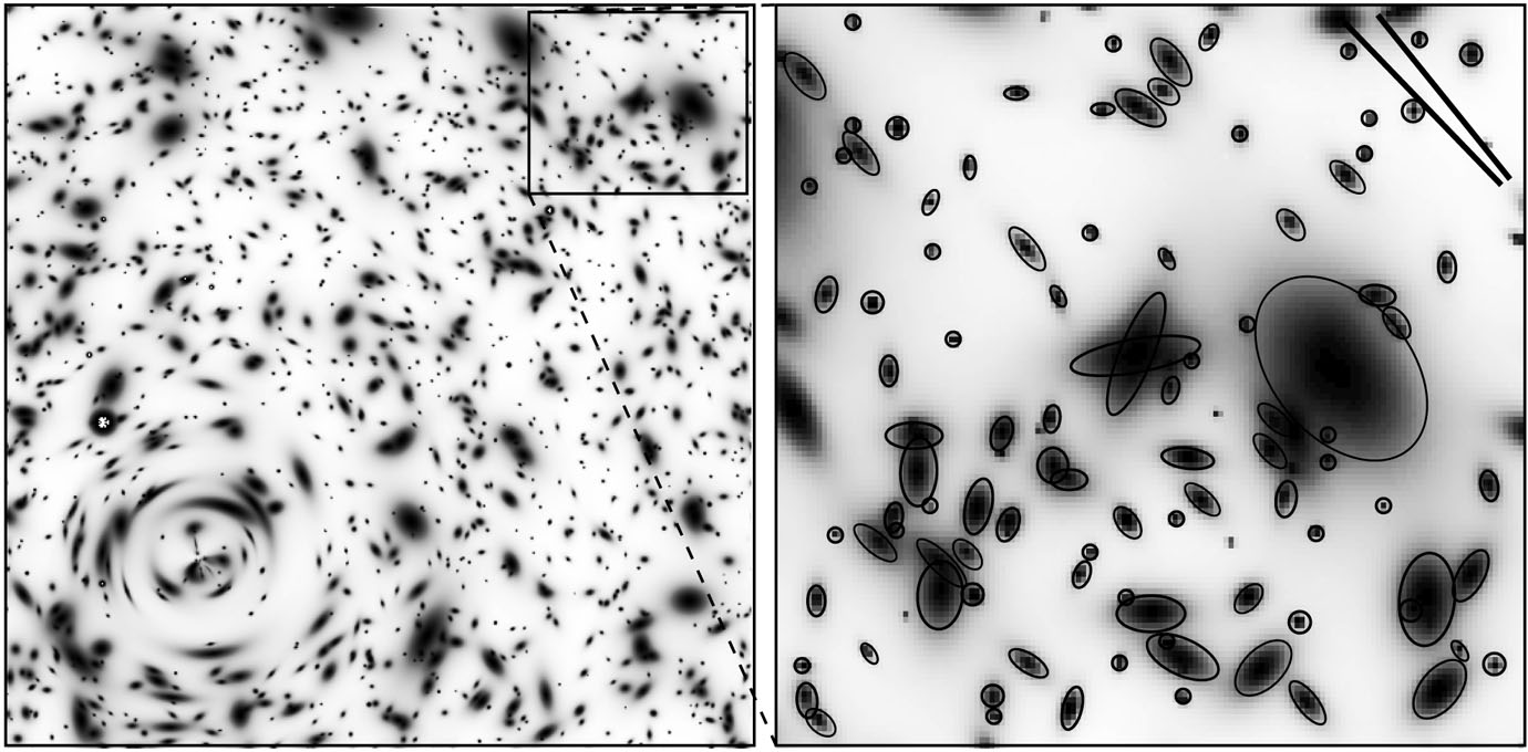Black and white images showing numerous irregular dark spots and shapes on light backgrounds create a space appearance, with some outlined and a boxed inset in the upper left corner of the left image that may deceive the eye.