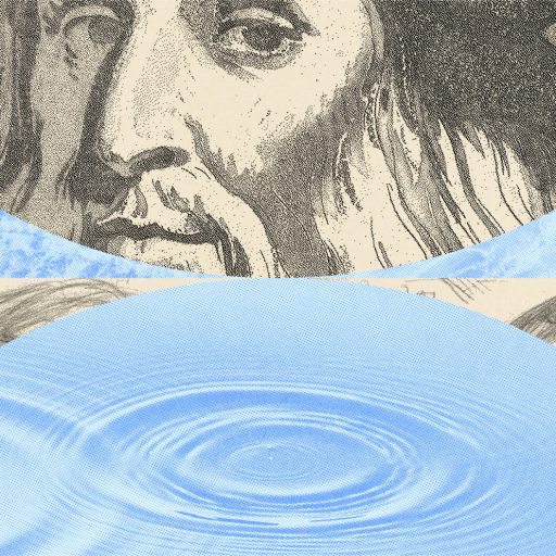 A split image features a sketched portrait of a bearded man above, with rippling water merging into Leonardo Da Vinci-style sketches below.