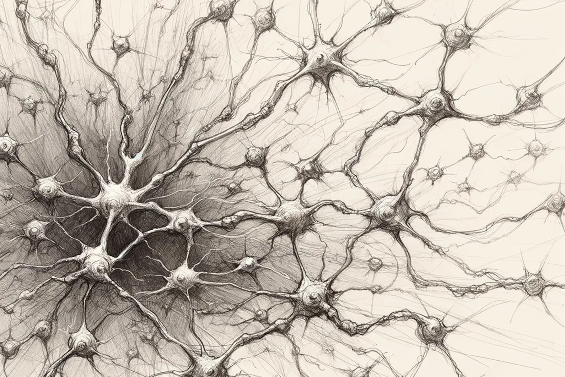 A detailed, black and white illustration of interconnected neurons with branching dendrites, depicting a complex neural network that hints at the physics of consciousness.