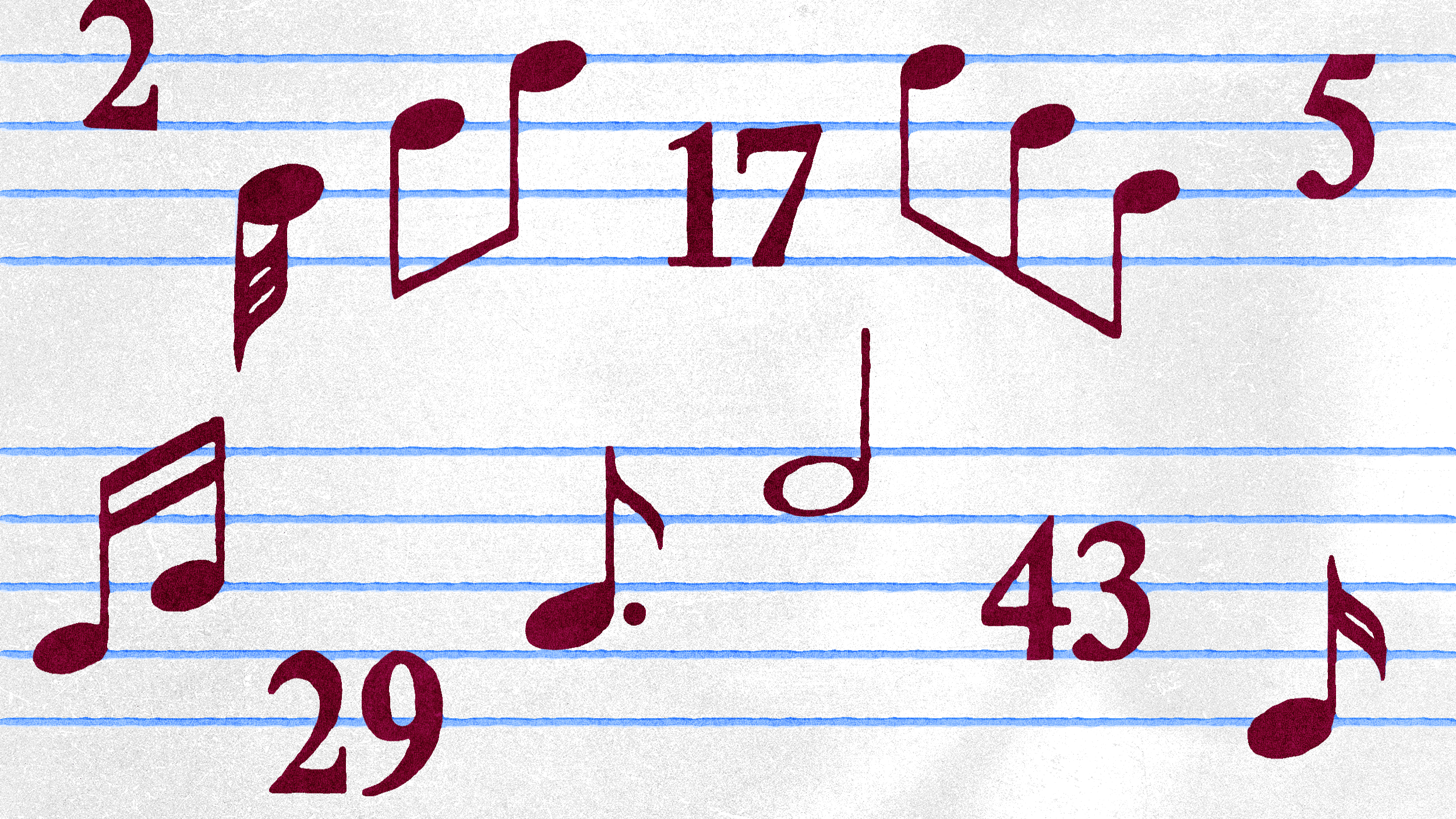 Musical notes and prime numbers, including 2, 5, 17, 29, and 43, are arranged on a staff with blue horizontal lines on a light background, blending mathematics with music.