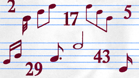 Musical notes and prime numbers, including 2, 5, 17, 29, and 43, are arranged on a staff with blue horizontal lines on a light background, blending mathematics with music.