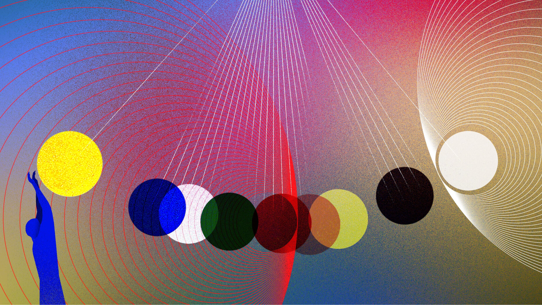 Abstract illustration of a figure reaching for a yellow sphere on the left, with colored overlapping circles and concentric arcs—evoking themes of physics and consciousness—set against a vibrant multicolored gradient background.