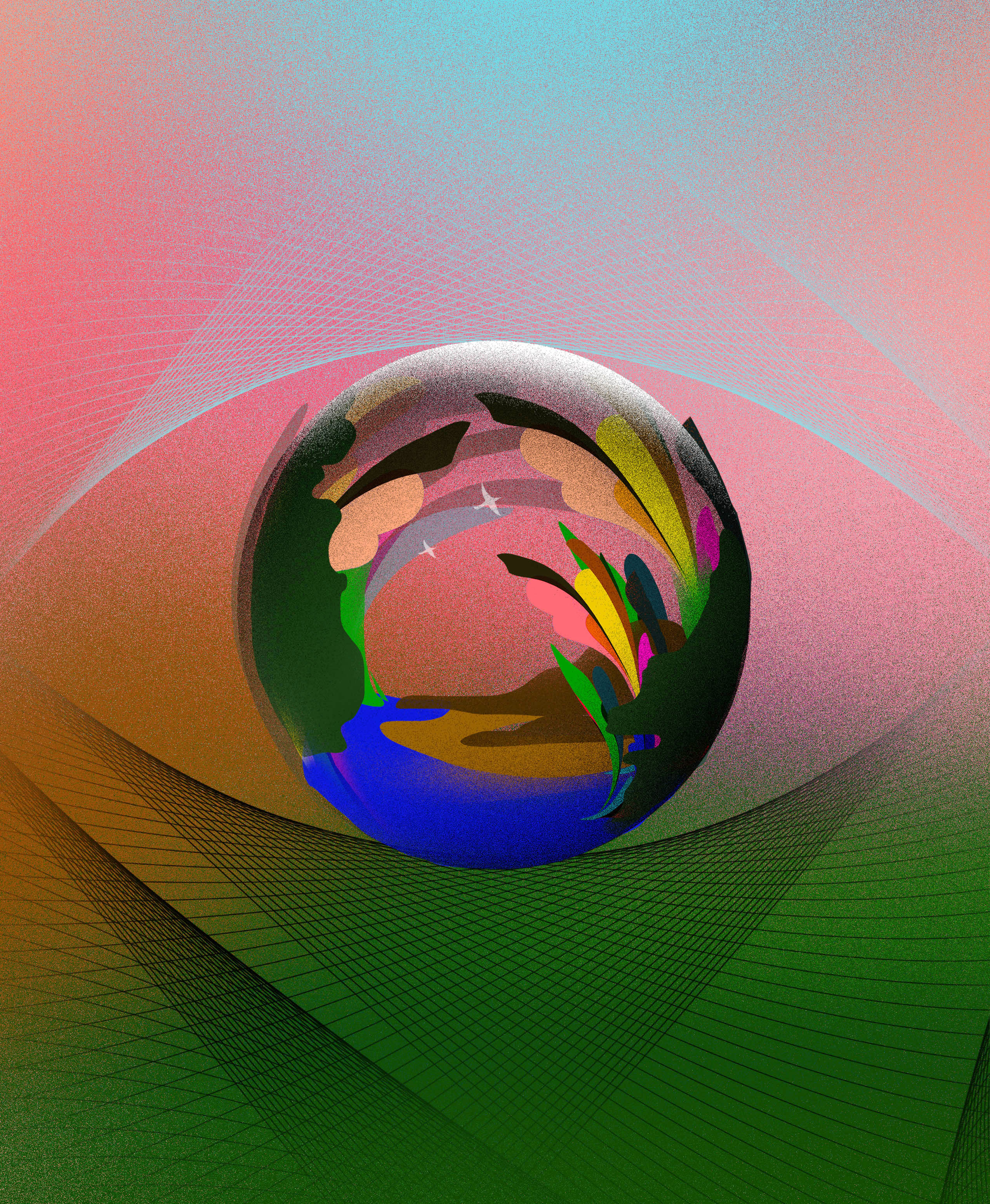 A colorful abstract sphere, evoking physics consciousness, with reflections and plant-like shapes sits in the center of a geometric, gradient background of pink, green, and blue tones.