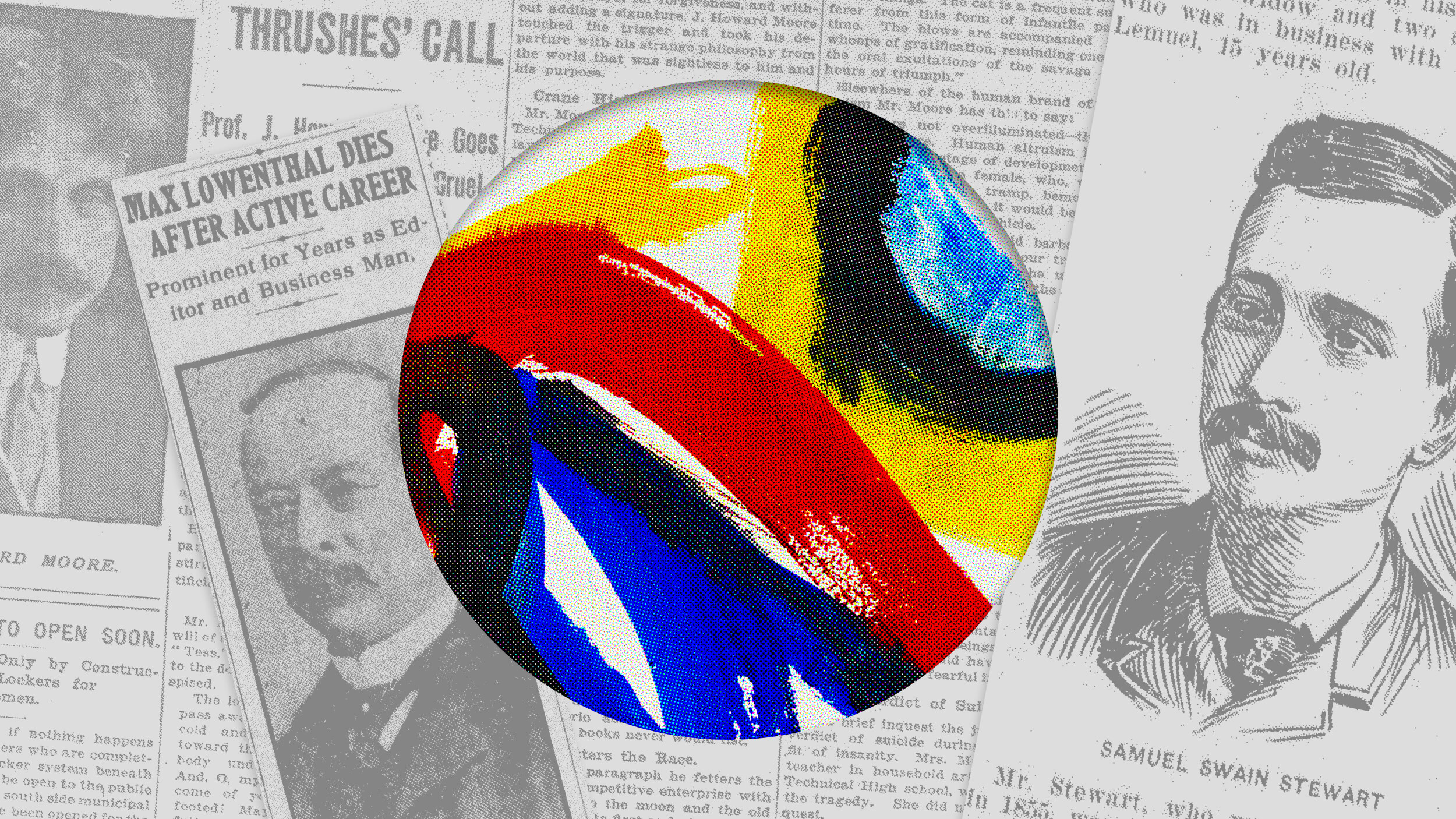 A colorful abstract painting is centered over a black-and-white collage of old newspaper clippings featuring portraits and articles.