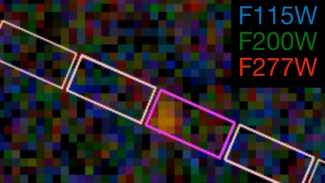 A colored pixelated grid with rectangular outlines; a legend in the top right labels blue as F115W, green as F200W, and red as F277W—capturing data from the JWST to record a distant galaxy.