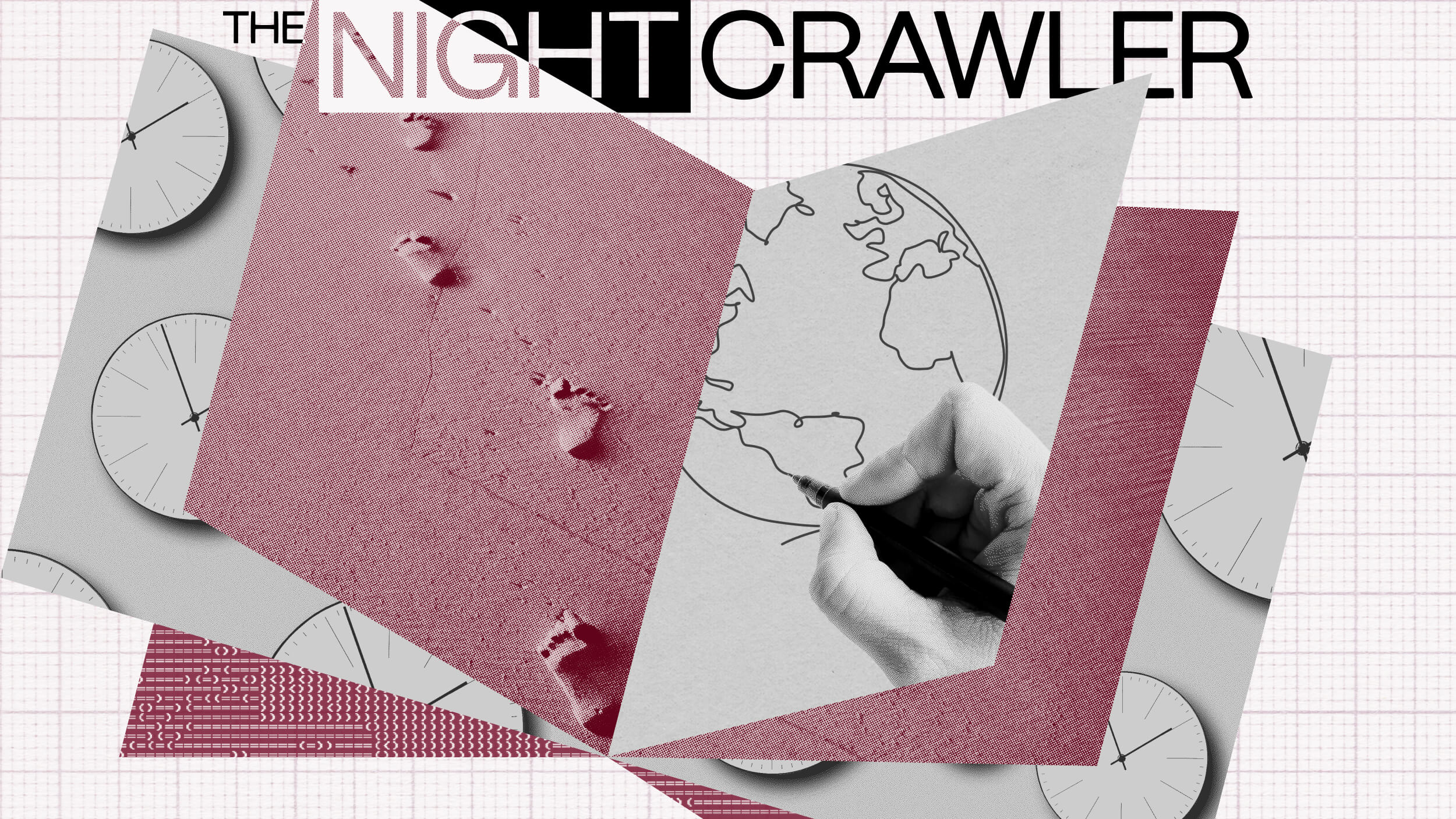 Collage with clocks, footprints in sand, a hand drawing a world map, binary code, and the text "The Nightcrawler" at the top—an evocative piece rethinking civilization and our journey through time.