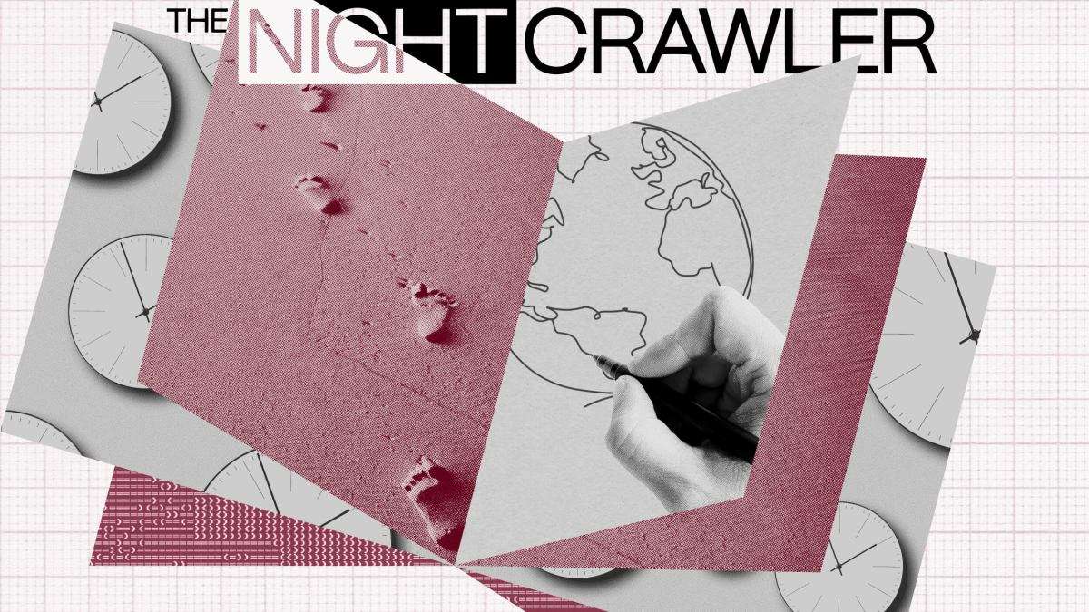 Collage with clocks, footprints in sand, a hand drawing a world map, binary code, and the text "The Nightcrawler" at the top—an evocative piece rethinking civilization and our journey through time.