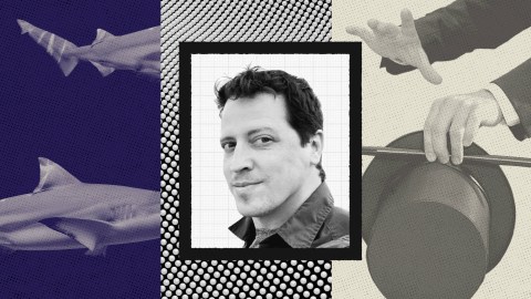 Black-and-white portrait of Andrew Mayne centered on a collage background featuring sharks on the left and a hand holding a magician’s hat and wand on the right.