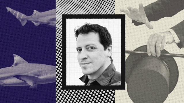 Black-and-white portrait of Andrew Mayne centered on a collage background featuring sharks on the left and a hand holding a magician’s hat and wand on the right.