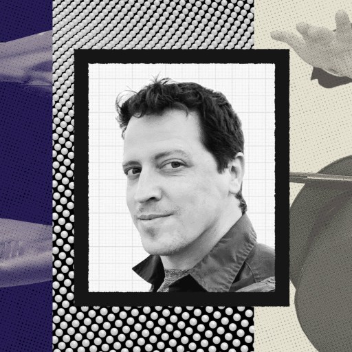 Black-and-white portrait of Andrew Mayne centered on a collage background featuring sharks on the left and a hand holding a magician’s hat and wand on the right.