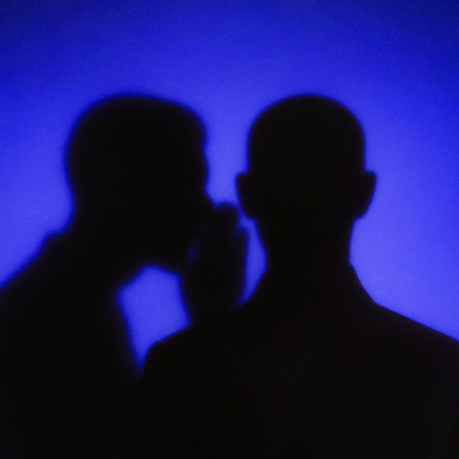 Two silhouetted figures against a blue background, with one appearing to whisper to the other.