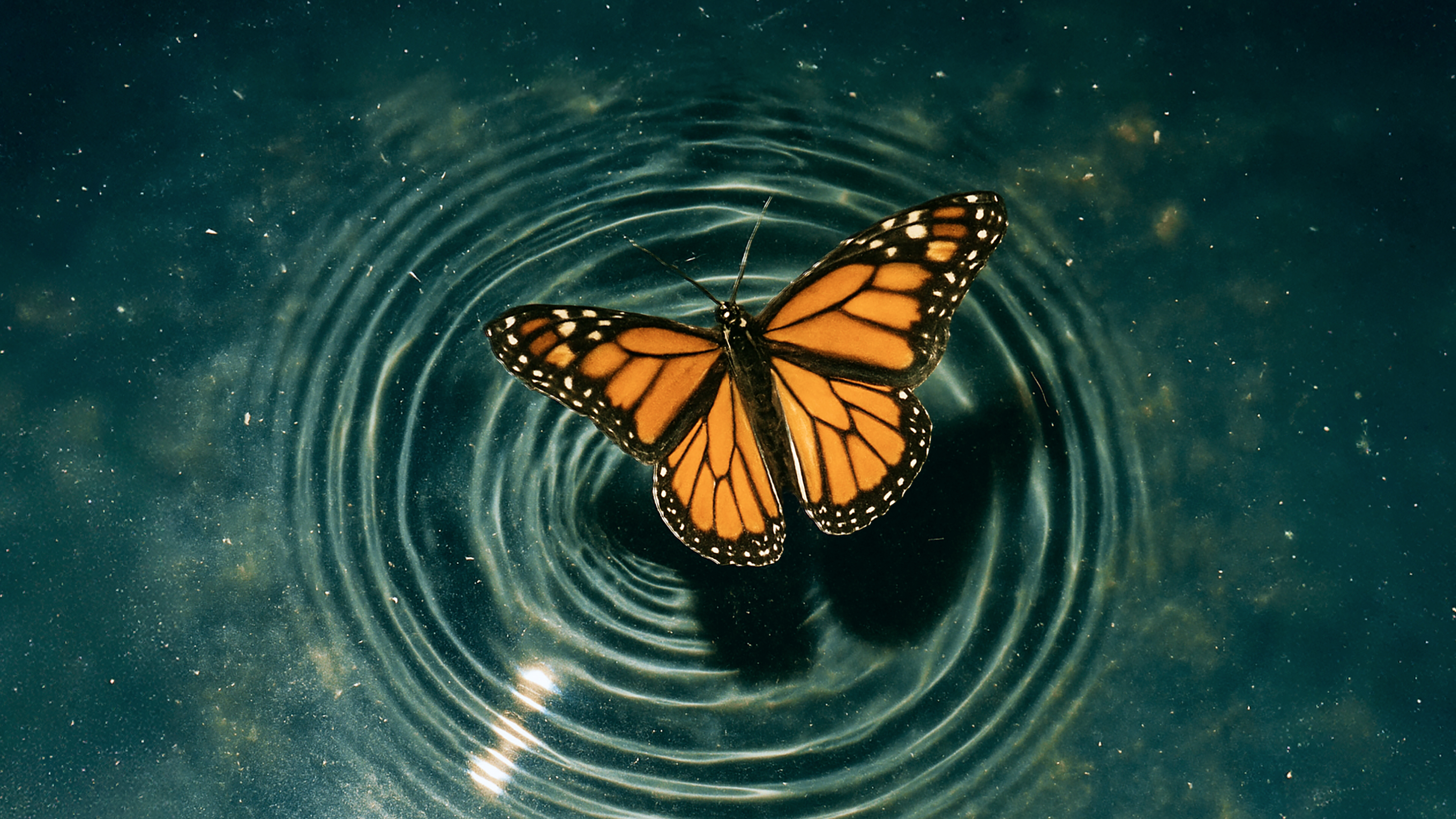 A monarch butterfly with orange and black wings rests on water, creating a ripple pattern around it.