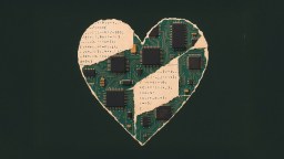A heart shape is cut out of paper, revealing a circuit board with computer chips and code underneath.