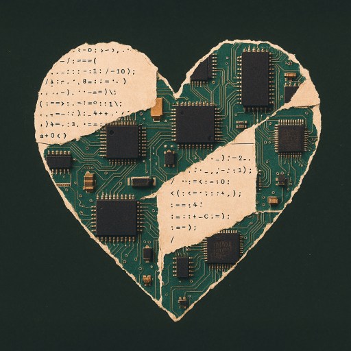 A heart shape is cut out of paper, revealing a circuit board with computer chips and code underneath.