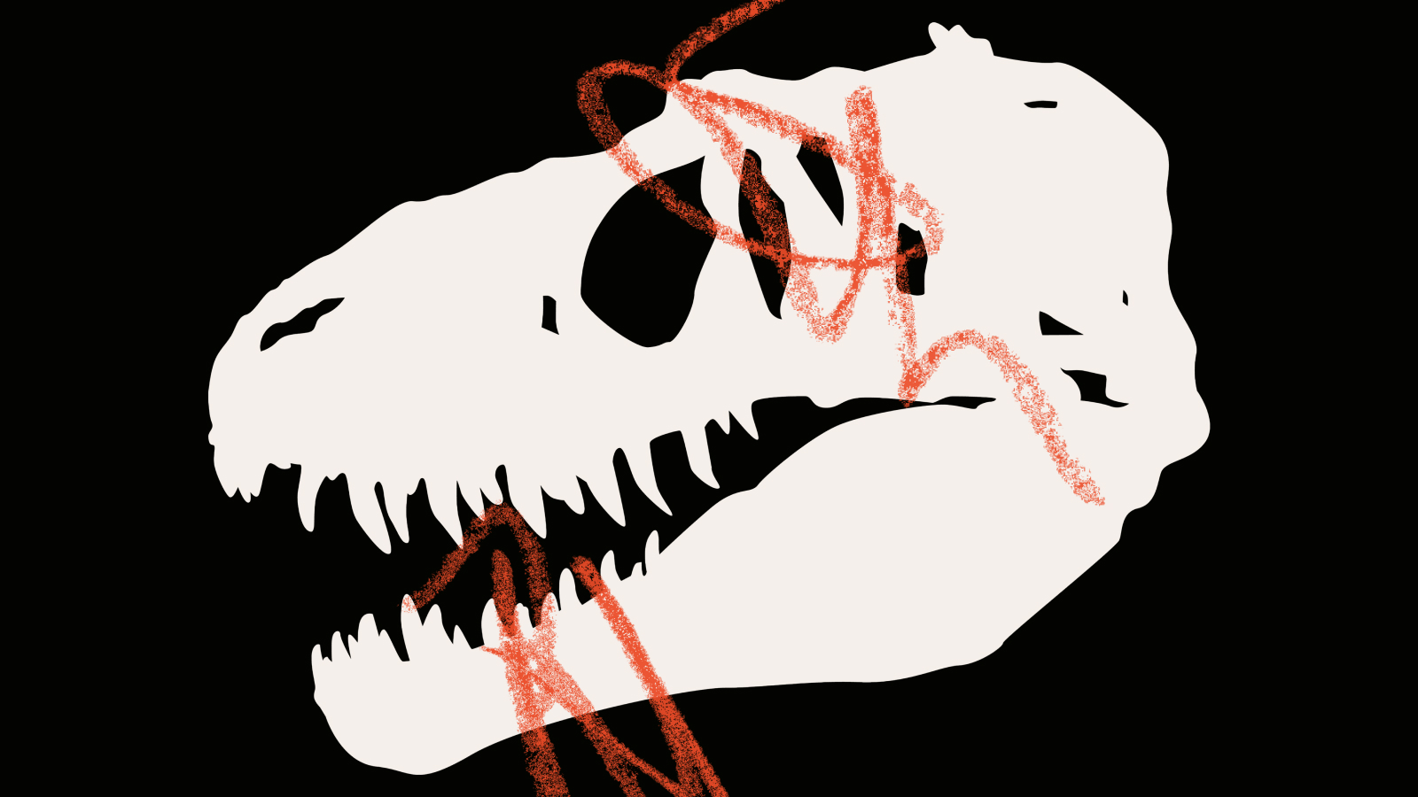 A white dinosaur skull silhouette on a black background with red, rough, scribbled lines evokes the intrigue of the dinosaur myth.
