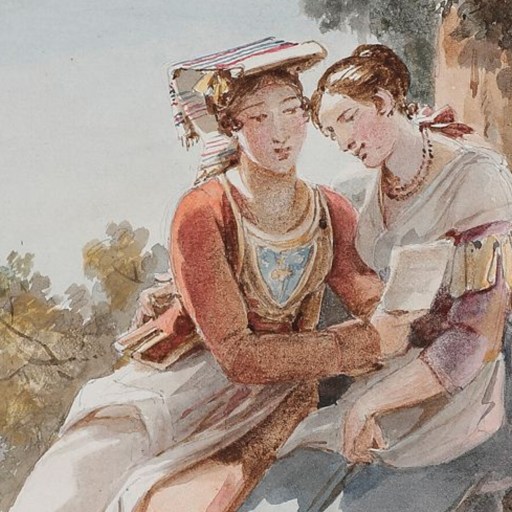 Two women in historical clothing sit outdoors, one holding a book while the other leans in, both appearing to read together near a tree.