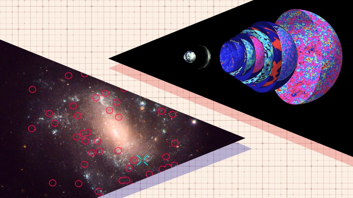 A composite image showing a galaxy with red circles marking stars on the left and multicolored expanding rings with Earth on the right, all set against a grid background, illustrating concepts like Hubble tension studied by Wendy Freedman.