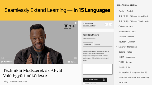 A man gestures while speaking in an instructional video titled "Technikai Módszerek az AI-val Való Együttműködésre" on a platform offering translations in 15 languages.