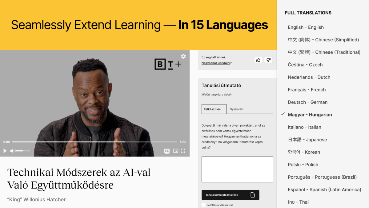 A man gestures while speaking in an instructional video titled "Technikai Módszerek az AI-val Való Együttműködésre" on a platform offering translations in 15 languages.