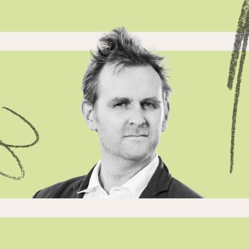 A man in a suit looks at the camera with a neutral expression, set against a light green background with abstract black scribble accents.