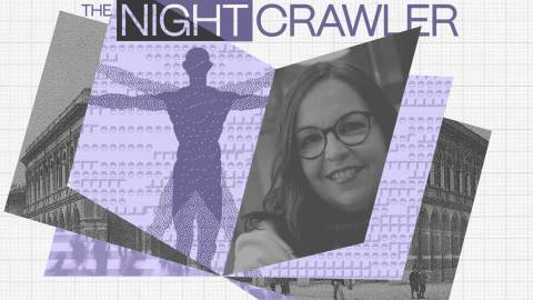 A grayscale collage features a smiling woman, a silhouetted figure with outstretched arms, and the title "The Nightcrawler" at the top. Geometric shapes and architectural sketches, inspired by Shannon Vallor's work, are layered in the background.