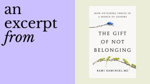 Book cover of "The Gift of Not Belonging" by Rami Kaminski, MD, featuring five birds on a branch and the subtitle “How outsiders and otroverts thrive in a world of joiners.”.