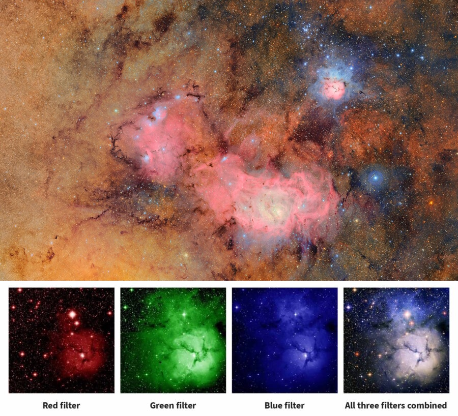 Composite image of a nebula in space, with three smaller images below showing red, green, and blue filtered views—much like how the Vera Rubin Observatory will solve puzzles of the universe by combining data from multiple filters.
