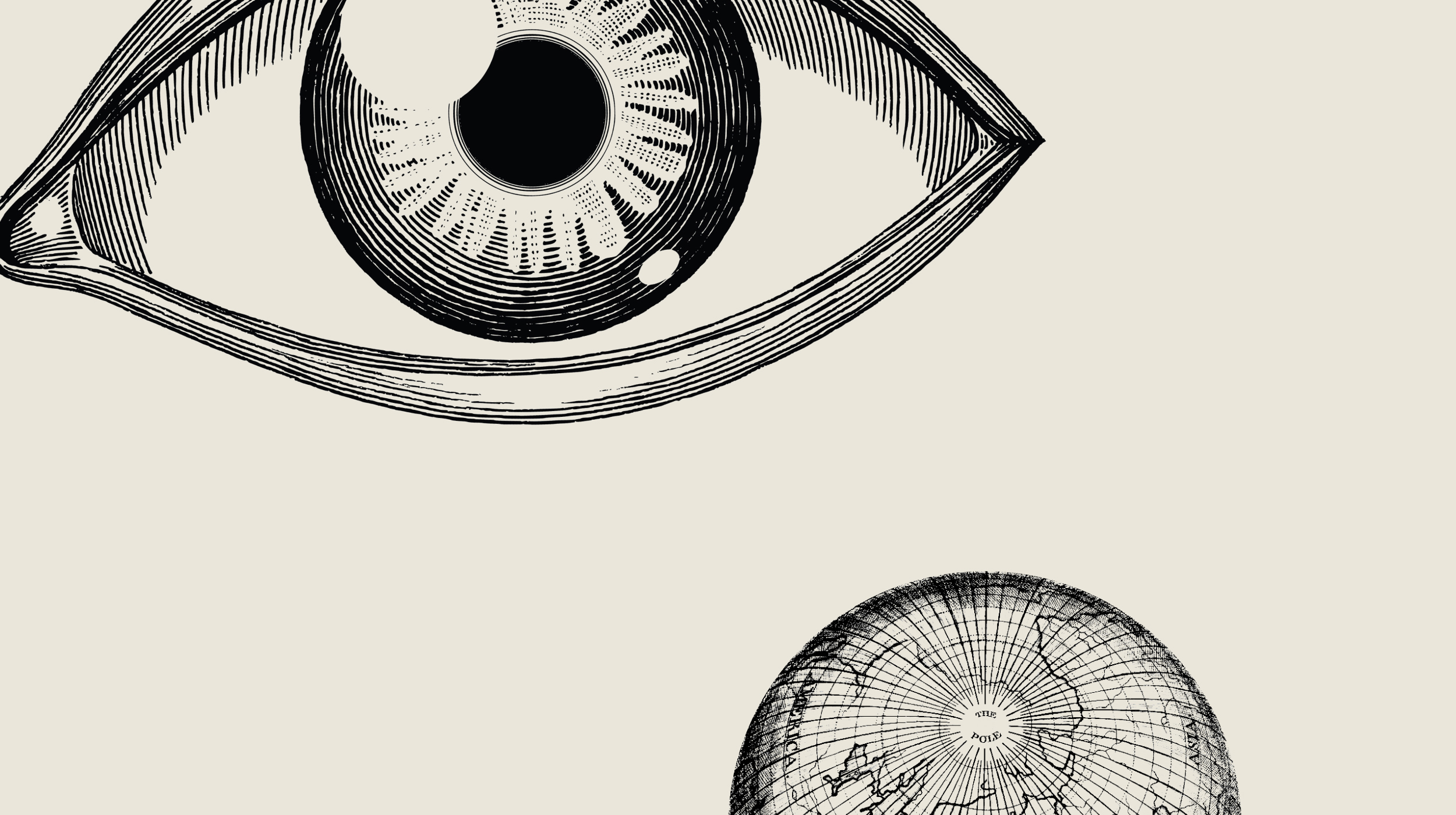 Black and white illustration of a stylized human eye in the top left and a detailed depiction of an eyeball’s internal structure in the bottom right on a beige background.