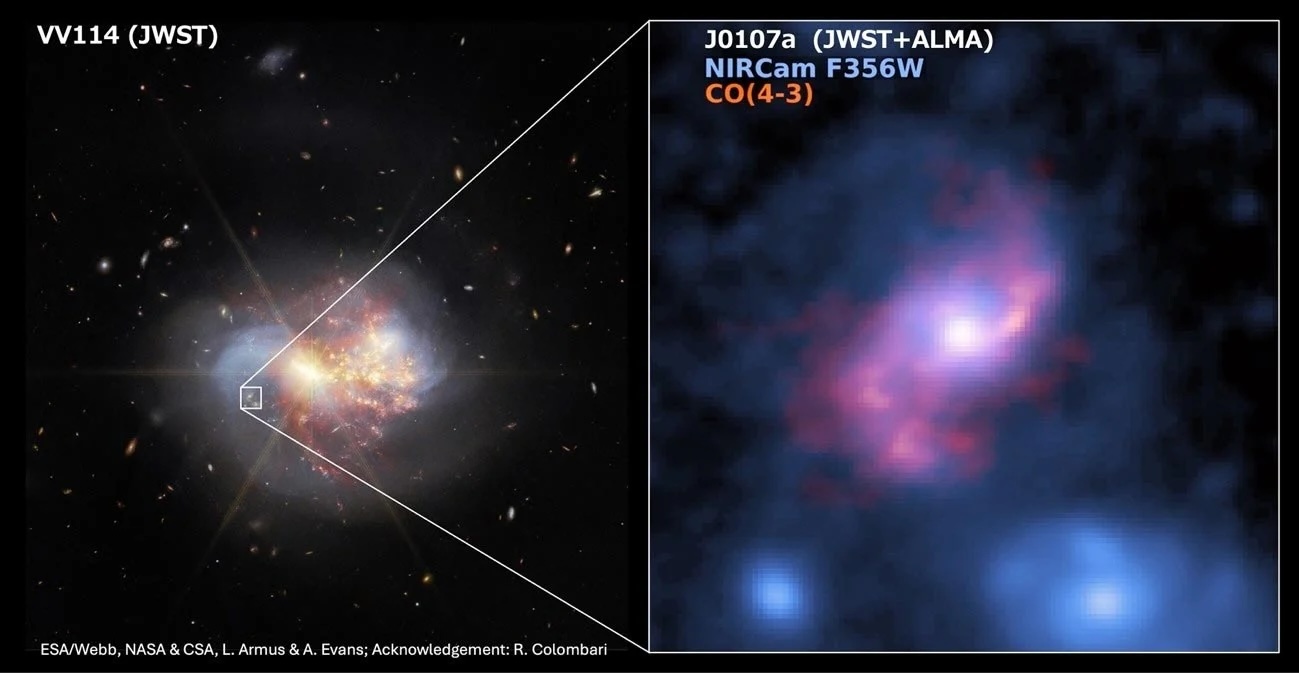 Side-by-side comparison of galaxy VV114, as seen by JWST at left, and a close-up of region J0107a at right, highlights how jwst galaxies grow up, with NIRCam and ALMA data showing CO(4&ndash;3) emission in pink.