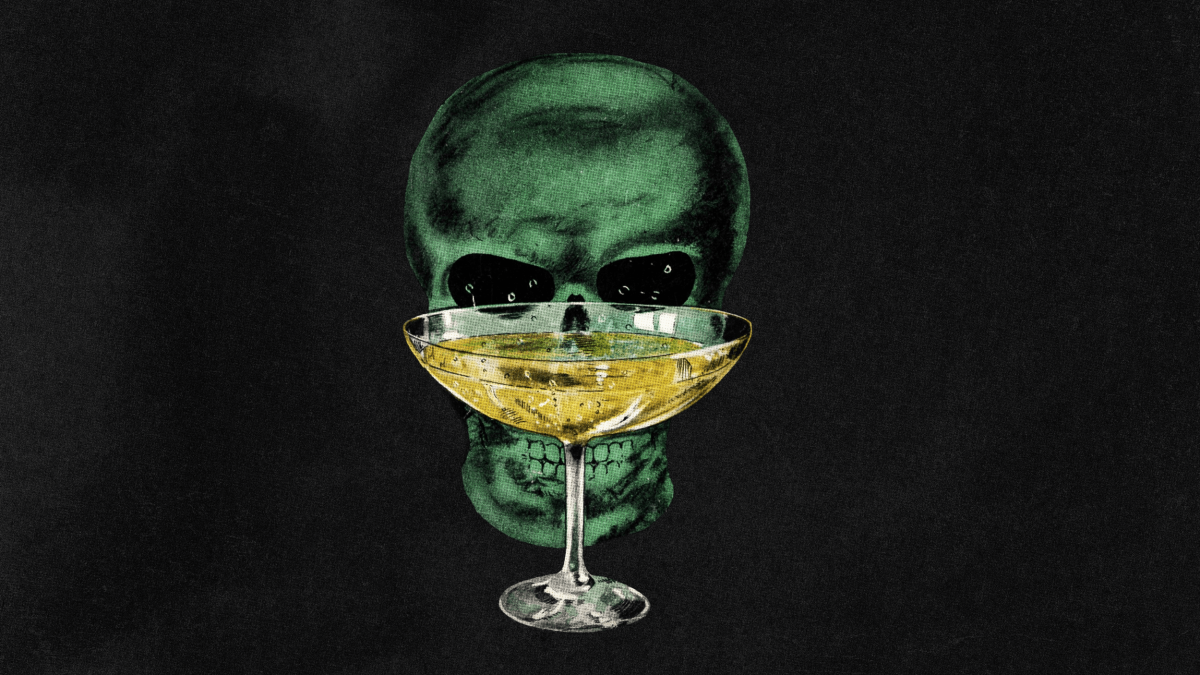 A green skull in the background appears to stare through a glass of champagne centered in the foreground, evoking Agatha Christie poisons, all set against a black backdrop.