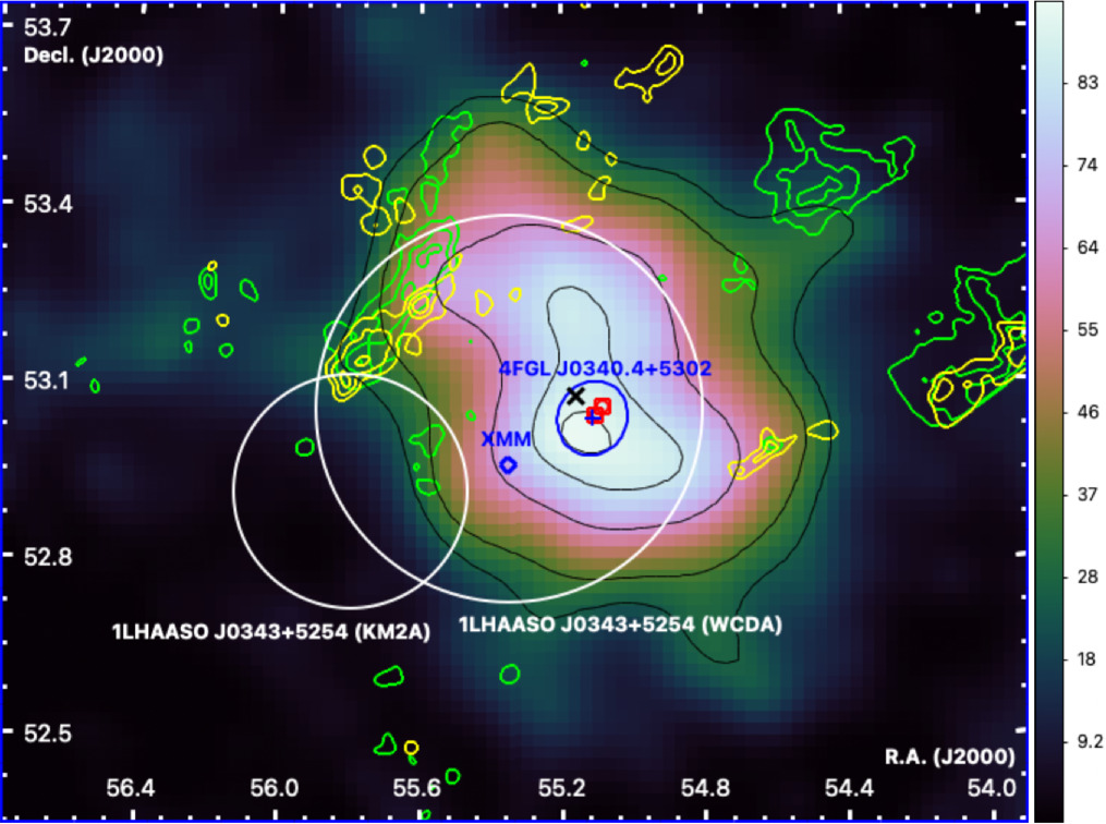 Radio and X-ray map of a sky region, with color-coded intensity contours, object labels, coordinate axes, and an inset scale bar—helping astronomers trace the highest energy particles in space.