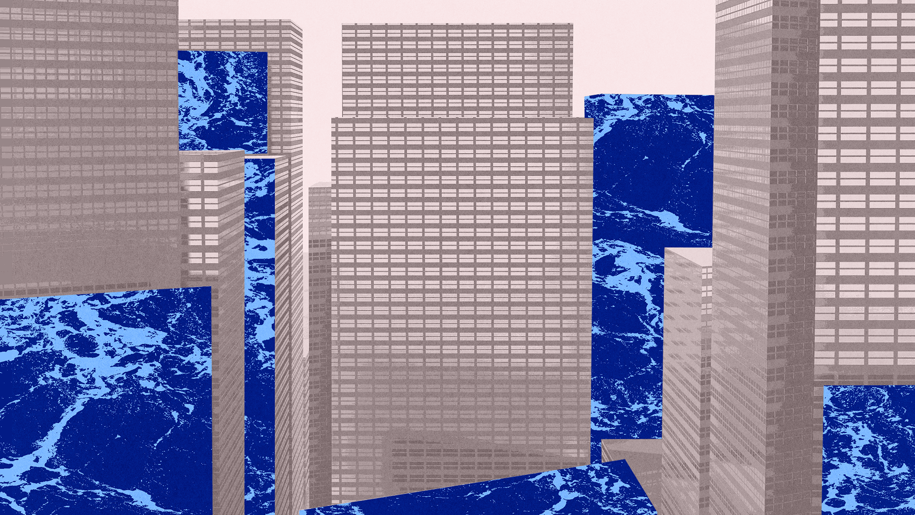 Abstract illustration of tall, grid-patterned skyscrapers interspersed with textured blue marble-like panels evokes a sense of innovation, reminiscent of a blue ocean strategy, set against a light background.