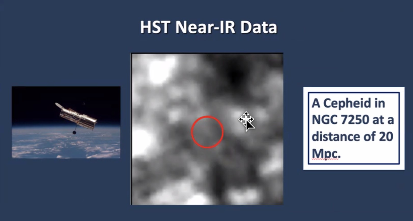 A grayscale Hubble Space Telescope near-infrared image shows a circled area in NGC 7250, labeled as a Cepheid at 20 Mpc distance—a crucial object in resolving the Hubble tension highlighted by Wendy Freedman; inset includes telescope photo and text box.