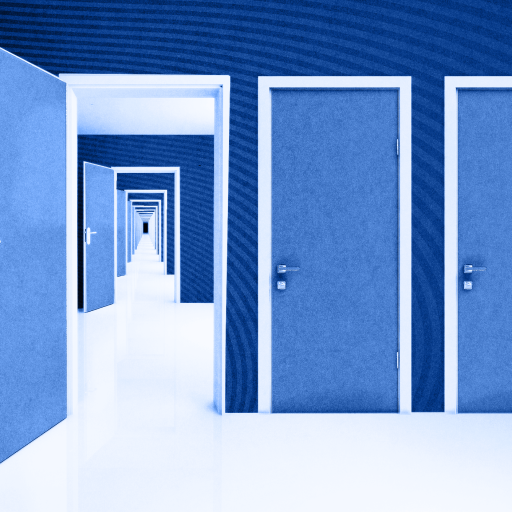 A hallway with multiple closed doors and one open door, creating a repeating pattern that extends into the distance. The image has a blue tone.