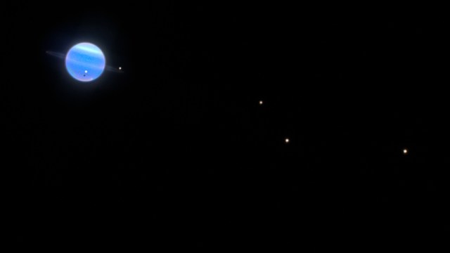 A blue planet with visible rings and several small, bright Uranus moons is set against a darkened black background.