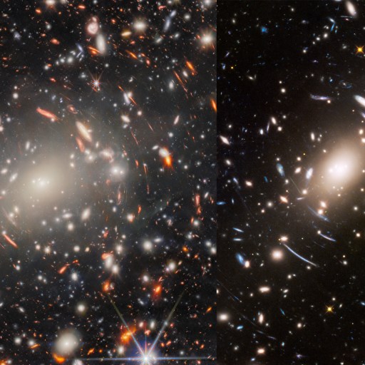 Two side-by-side images of a galaxy cluster in space, captured by JWST, showcase numerous bright galaxies and stars on a dark background—highlighting one of the most extreme gravitational lens effects ever observed.