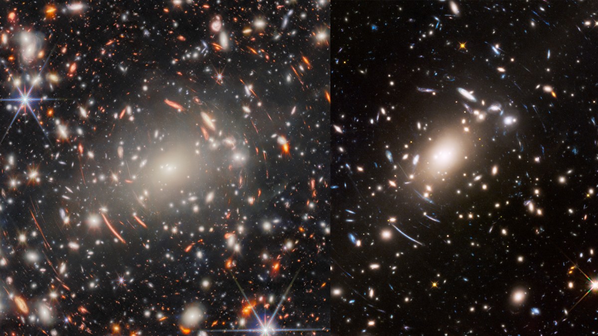 Two side-by-side images of a galaxy cluster in space, captured by JWST, showcase numerous bright galaxies and stars on a dark background—highlighting one of the most extreme gravitational lens effects ever observed.