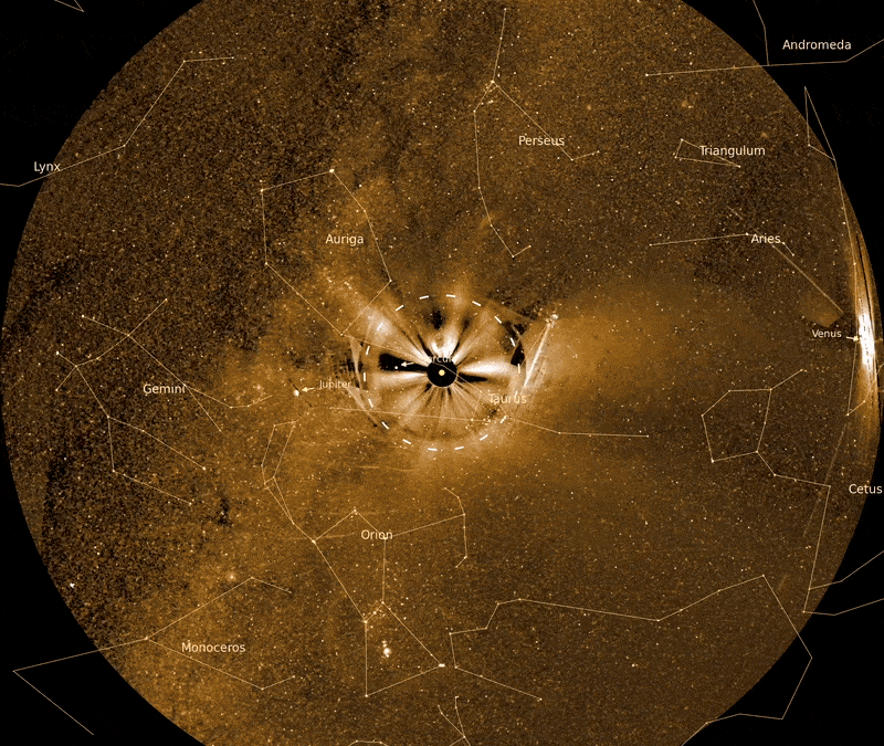 Circular astronomical image showing constellations and celestial objects labeled against a dark sky, reminiscent of a NASA PUNCH video sun corona visualization, with a timestamp of 2025-06-03 01:52 at the bottom left.
