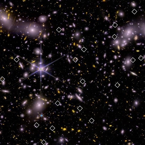 A dense star field and distant galaxies with bright galaxy clusters and several white squares highlighting specific points in the image.