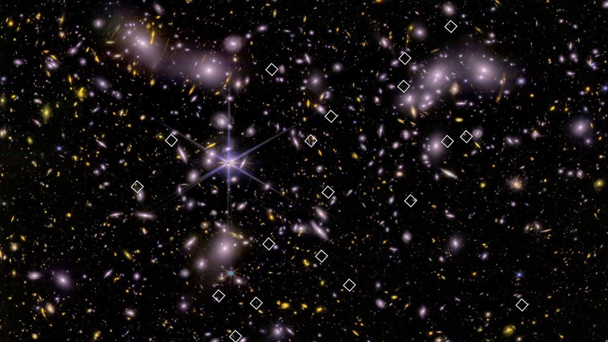 A dense star field and distant galaxies with bright galaxy clusters and several white squares highlighting specific points in the image.