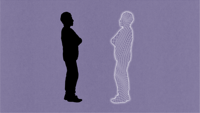 A silhouette of a person stands facing a wireframe digital figure on a purple patterned background.