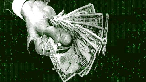 A hand holding several U.S. dollar bills, digitally altered with a green color scheme and glitch effects, represents the future of income in a rapidly changing digital economy.