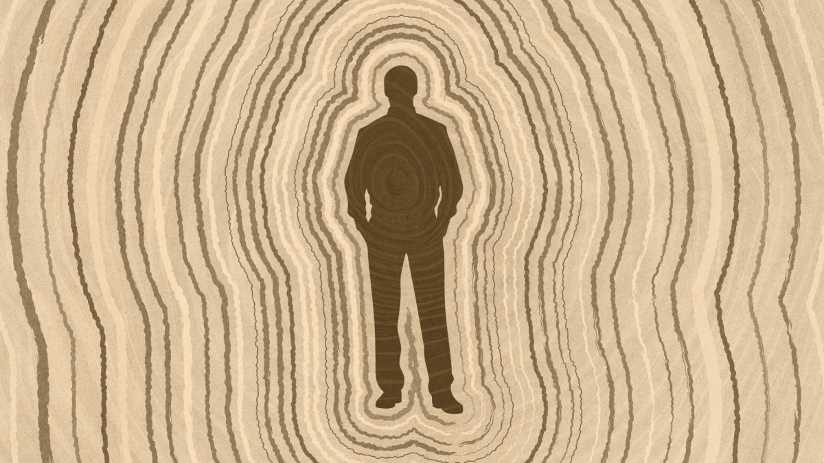 Silhouette of a person standing with hands in pockets, surrounded by concentric oval lines resembling tree rings that symbolize lifespan, in various shades of brown.