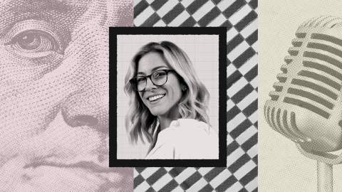 A black-and-white portrait of smiling Katie Gatti Tassin with glasses is centered on a collage featuring a close-up of a dollar bill, a checkered pattern, and a vintage microphone.