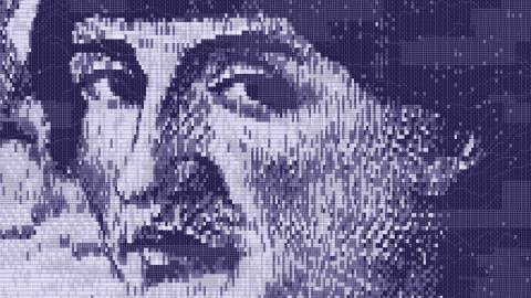 Pixelated grayscale close-up of an AI prince's face with strong contrast and visible mosaic-like squares.