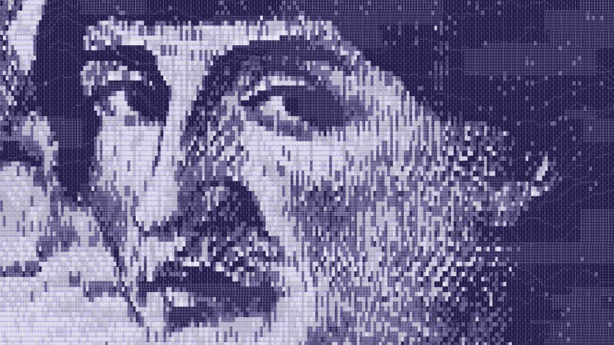 Pixelated grayscale close-up of an AI prince's face with strong contrast and visible mosaic-like squares.