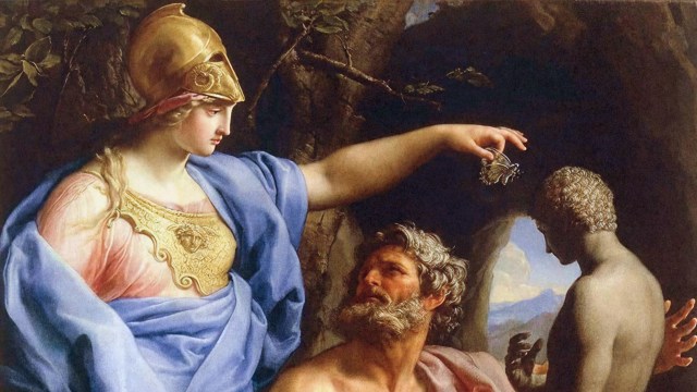 A woman in ancient armor holds out a small statue to a seated, bearded man, while another figure—symbolizing the evolution of wisdom—stands with their back turned near a tree and a cave.