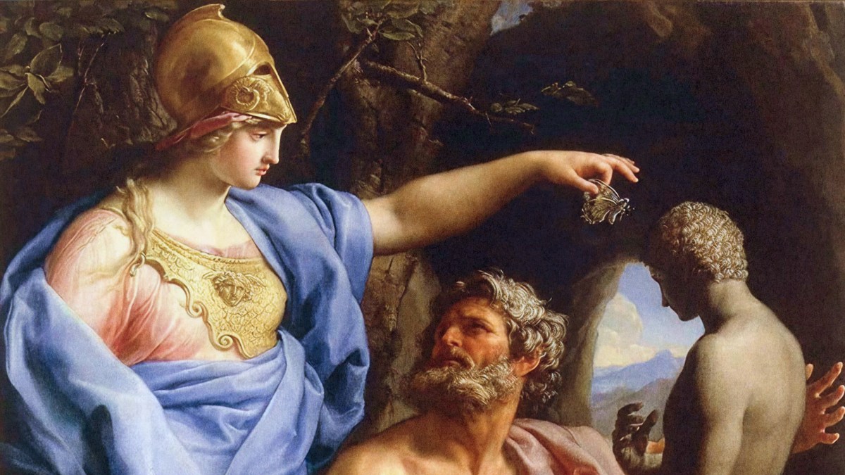 A woman in ancient armor holds out a small statue to a seated, bearded man, while another figure—symbolizing the evolution of wisdom—stands with their back turned near a tree and a cave.