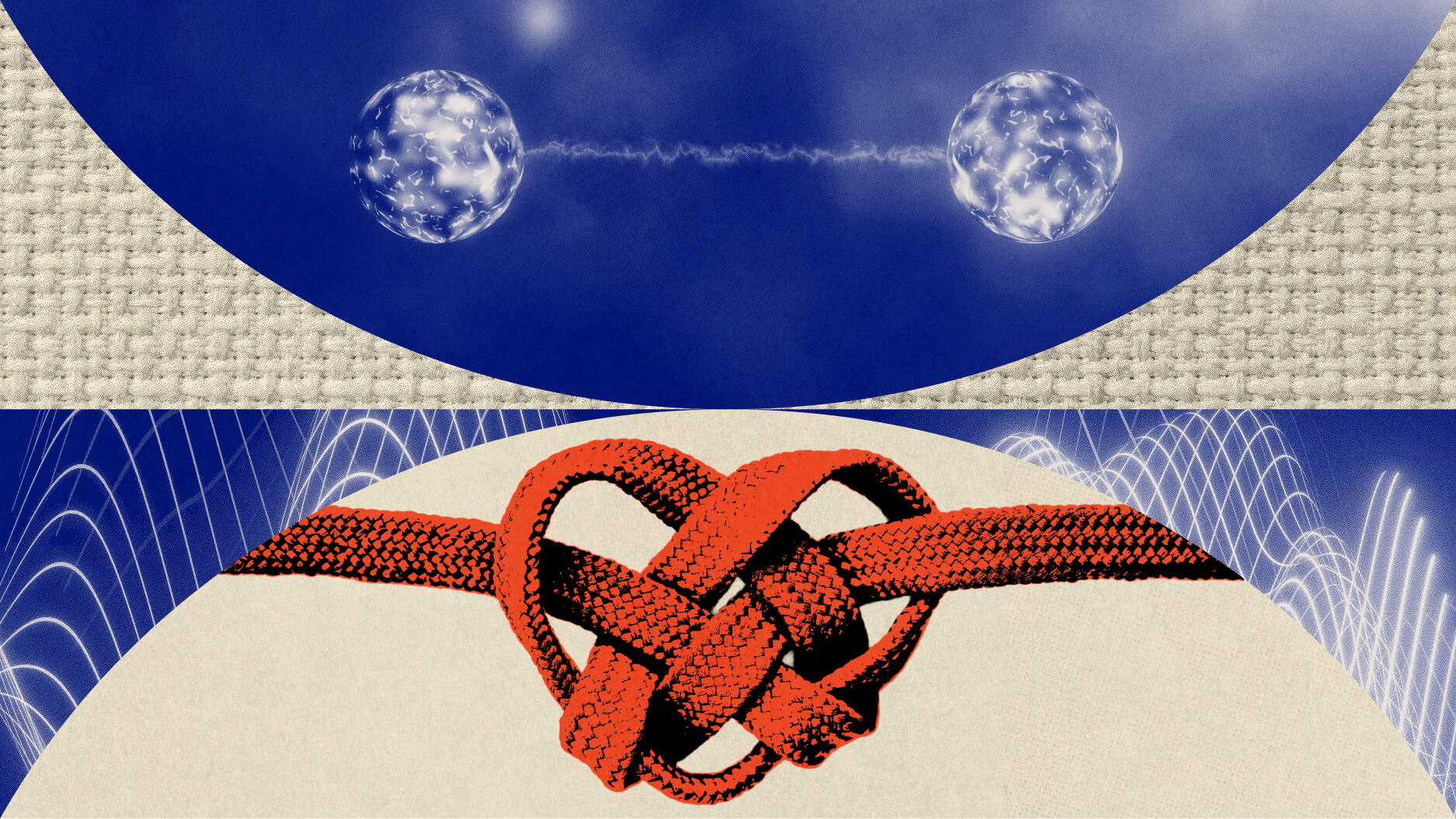 Two glowing spheres connected by a thin line suggest a quantum link above a red, knotted rope, with abstract wave patterns in the background.