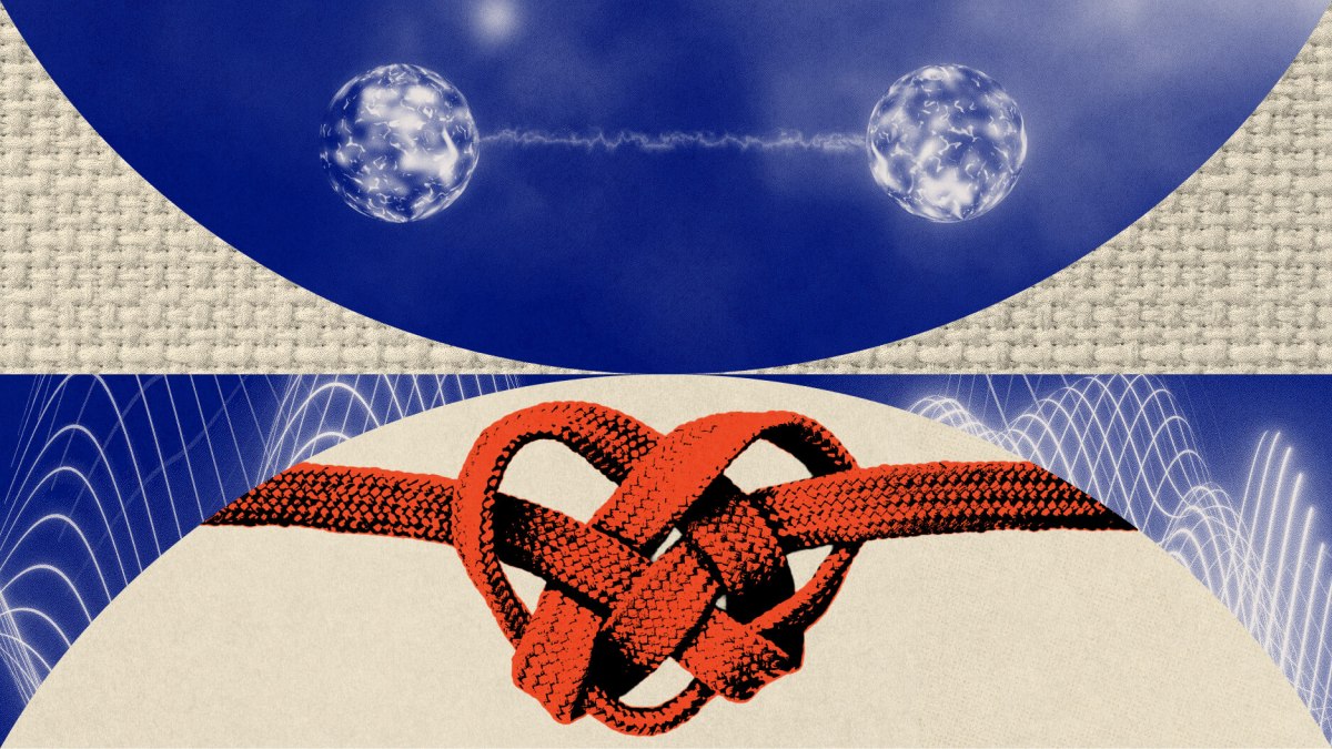 Two glowing spheres connected by a thin line suggest a quantum link above a red, knotted rope, with abstract wave patterns in the background.